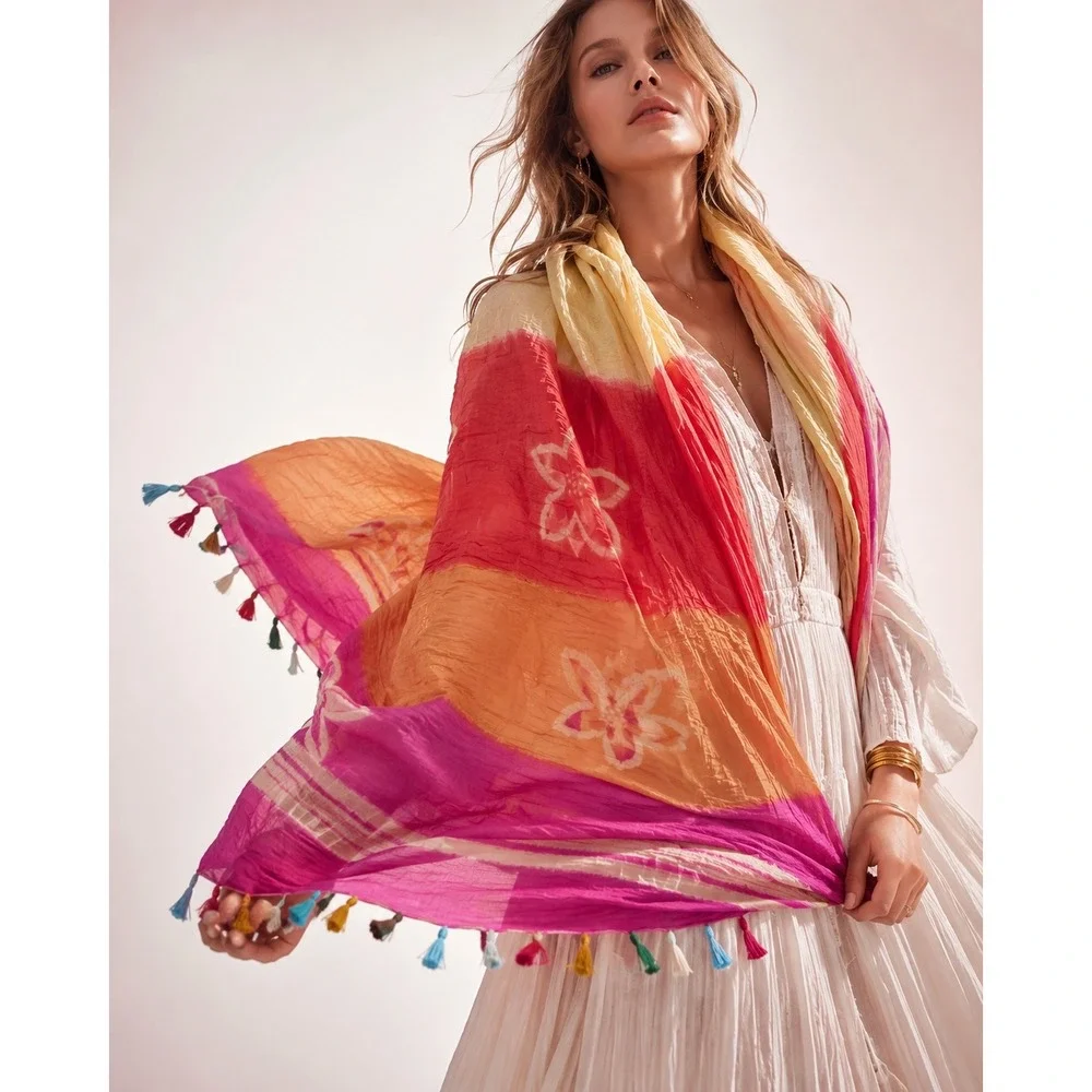 NWT Mary Ellen Hand Dyed Boho Festival Tassel Wrap Shawl OS Sunset